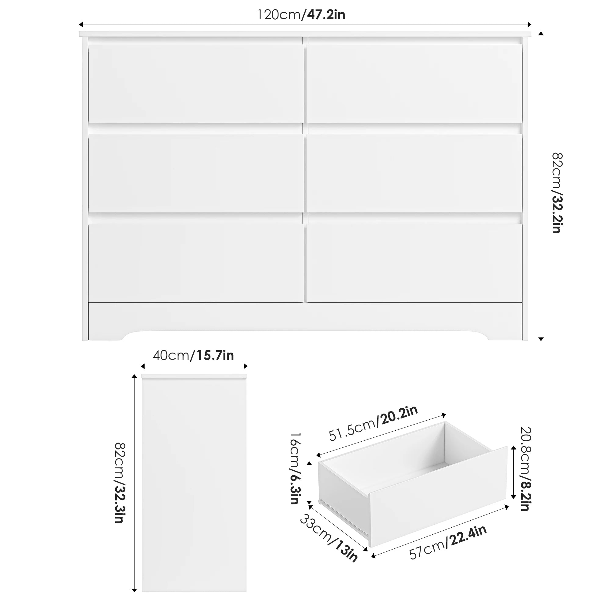 Getone White Chest of Drawers Bedroom Dresser, Bedroom Storage Cabinet with 6 Drawers Sideboard for Living Room 120x40x82cm