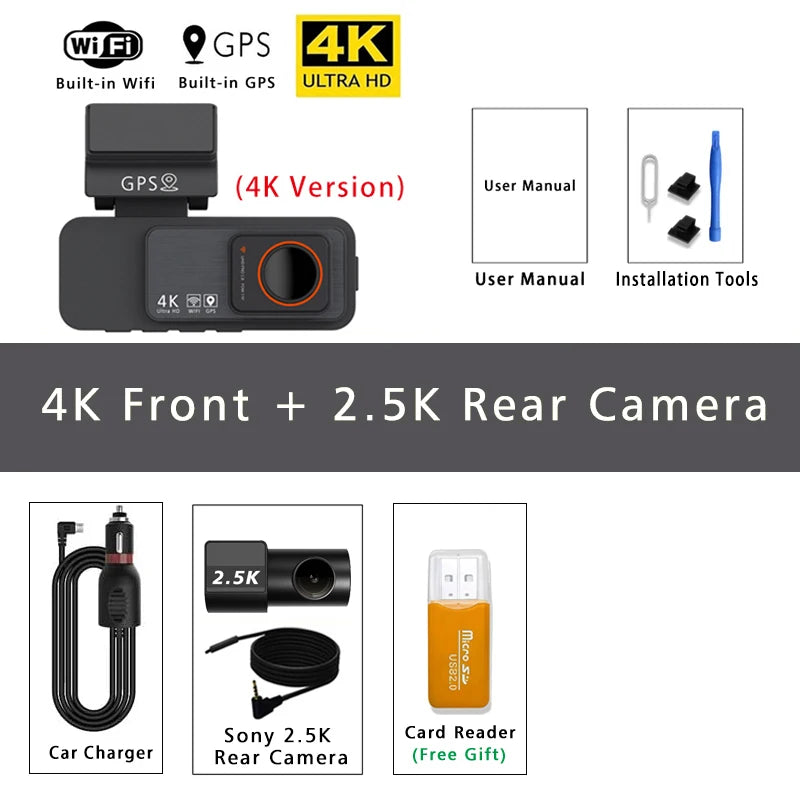 Dash Cam Dual Lens 4K UHD Recording Car Camera DVR Night Vision Video