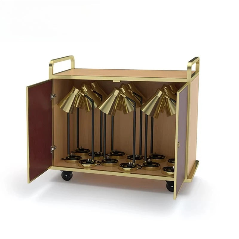Hotel and restaurant kitchens with heating lamps, transportation and storage trucks