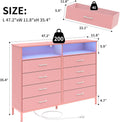 Dresser for Bedroom Pink Bedroom Dresser with LED Lights and Charging Station, 8 Long Fabric Drawers Dressers, Tall Wide Chest