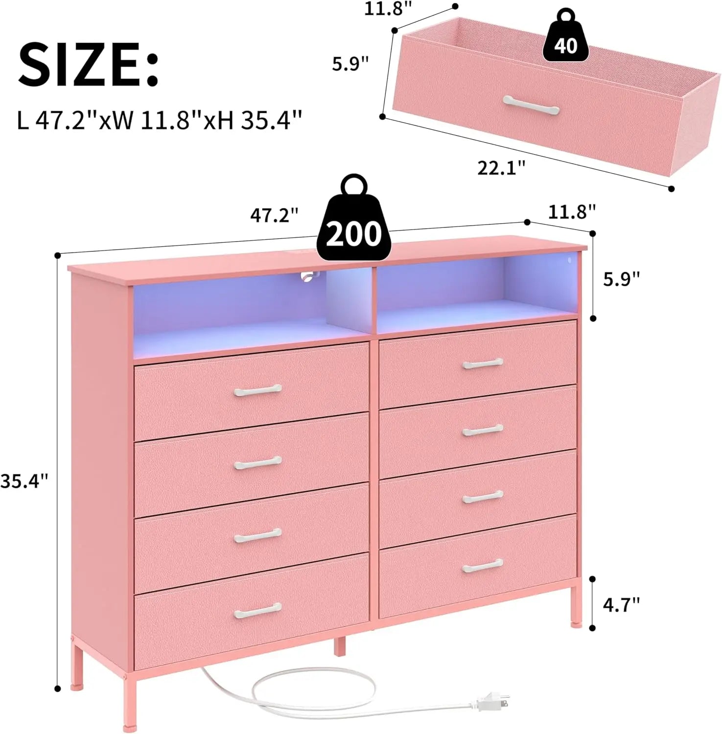 Dresser for Bedroom Pink Bedroom Dresser with LED Lights and Charging Station, 8 Long Fabric Drawers Dressers, Tall Wide Chest