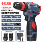 16.8V 2 in 1 Electric Screwdriver Lithium Battery Drill Handheld Power Tool 45Nm Torque Brushless Motor Cordless Screw Driver