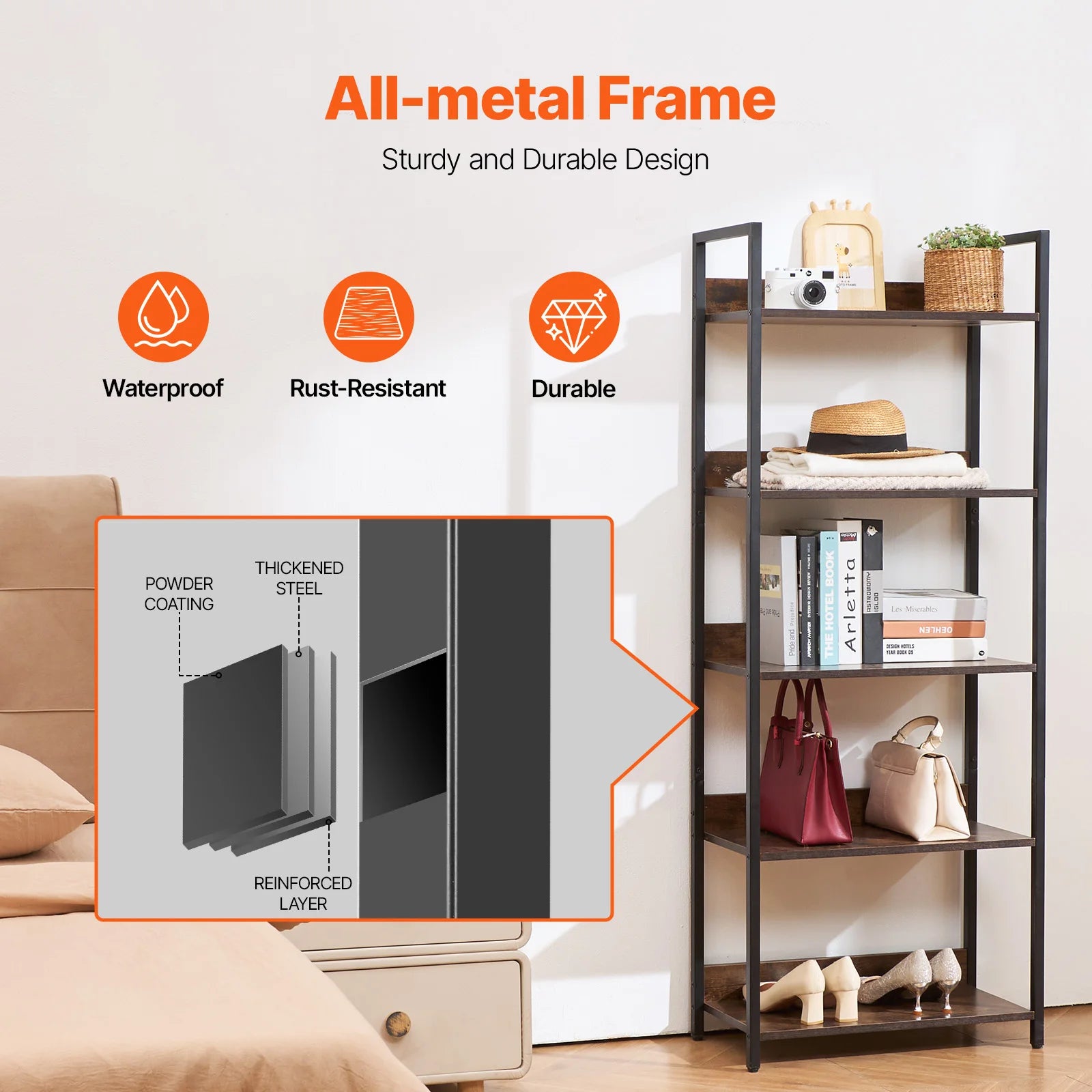 SucceBuy Metal Bookshelf 3-14-Tier Tall Industrial Bookshelf Vintage Display Storage Bookcase with Open Shelves for Home Office
