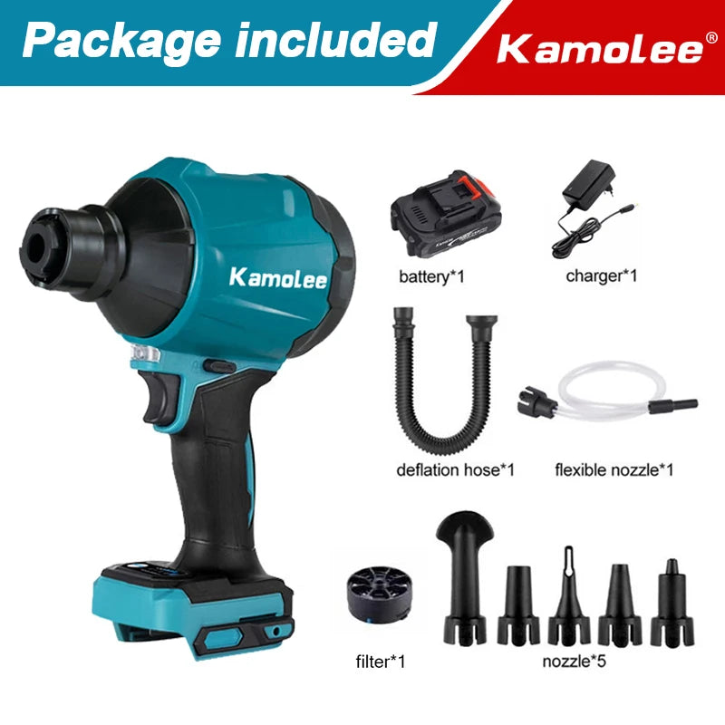 Kamolee 1100W 40500RPM Cordless  Air Blower Dust Blower Inflator Vacuum Multifunction Rechargeable Blower Apply to 18V 21V Batte