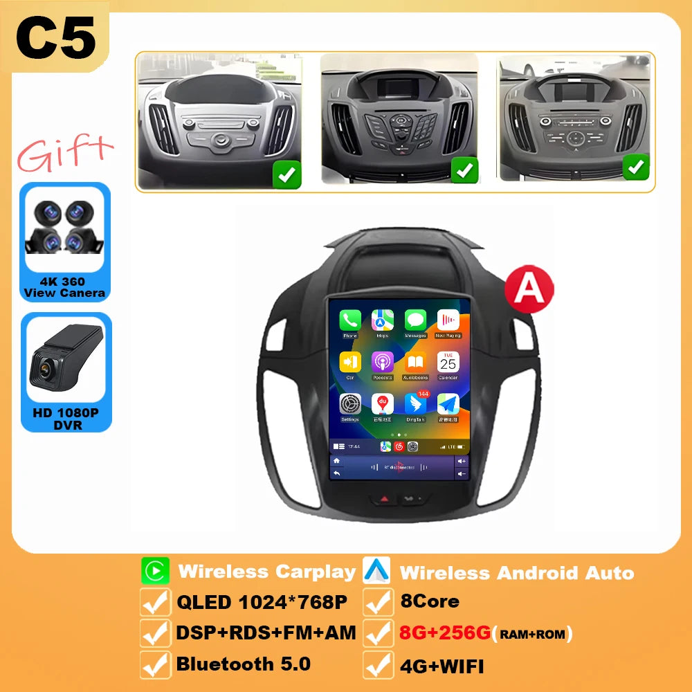 Wireless Android 15 Carplay For Ford Kuga 2 Escape 3 2012-2019 9.7 Inch Tesla Style Car Multimedia Player 5G Wifi Touch Display