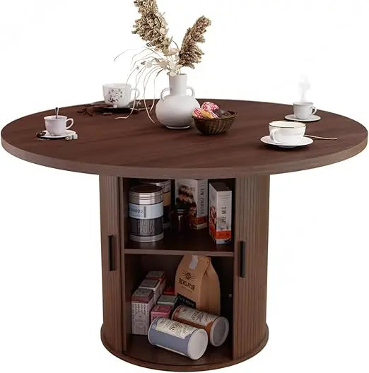 48'' Round Dining Table for 4-6 Kitchen Dining Table with Storage Dinner Room Table with 2-Layer Shelf and Wood Slide Door for