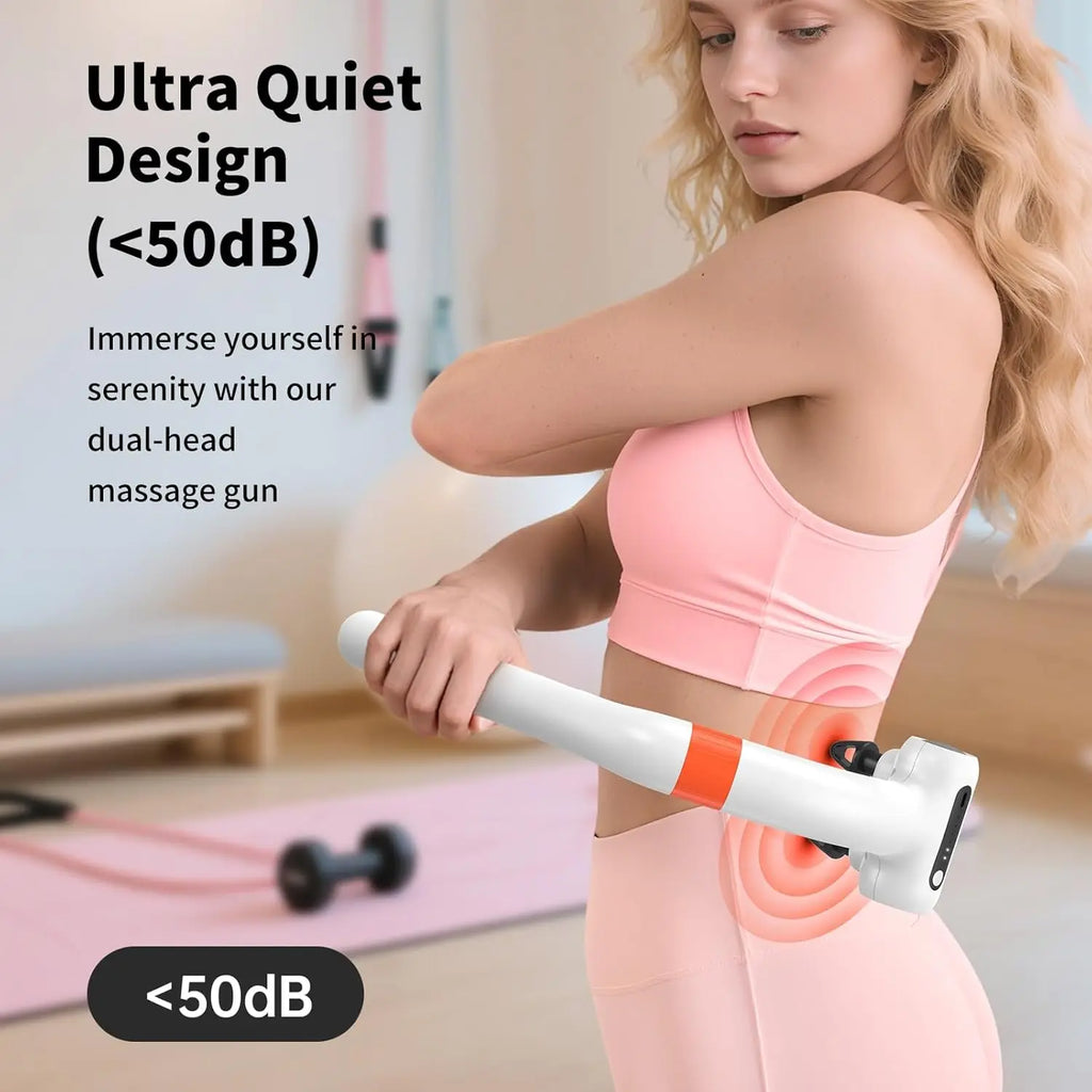 Cordless Dual Head Percussion Massage Gun with Detachable Extension Handle Deep Tissue Back Massager for Hard to Reach Muscle