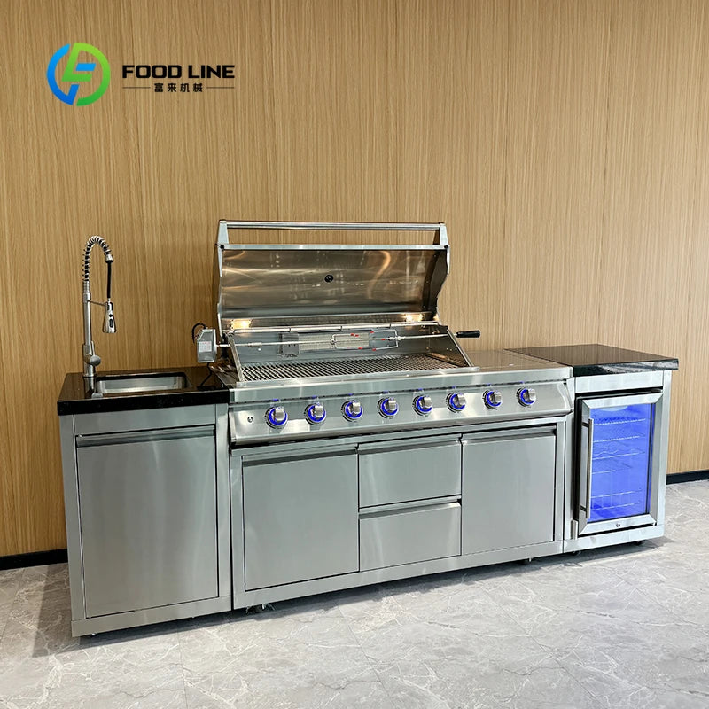 Customized Modular Outdoor Kitchen Island with Gas Grill Marble Table Wine Fridge Sink Cabinet Storage for Villa Patio