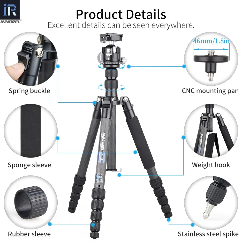 RT55C Professional 10 Layers Carbon Fiber Tripod For Digital Camera Suitable For Travel Top Quality DSLR Stand 161cm Max Height