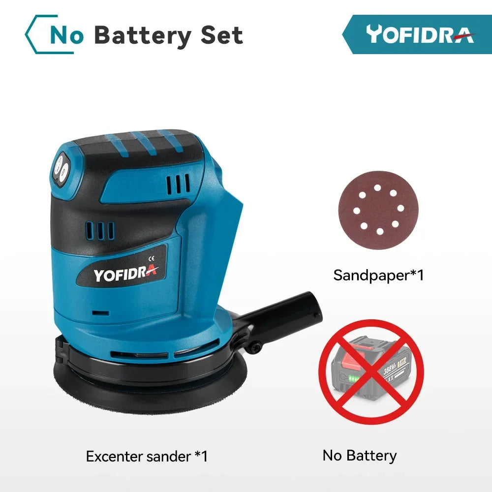 YOFIDRA 125mm Electric Orbital Sander 3 Speeds Adjustable Rechargeable Polishing Grinder Machine For Makita 18V Battery