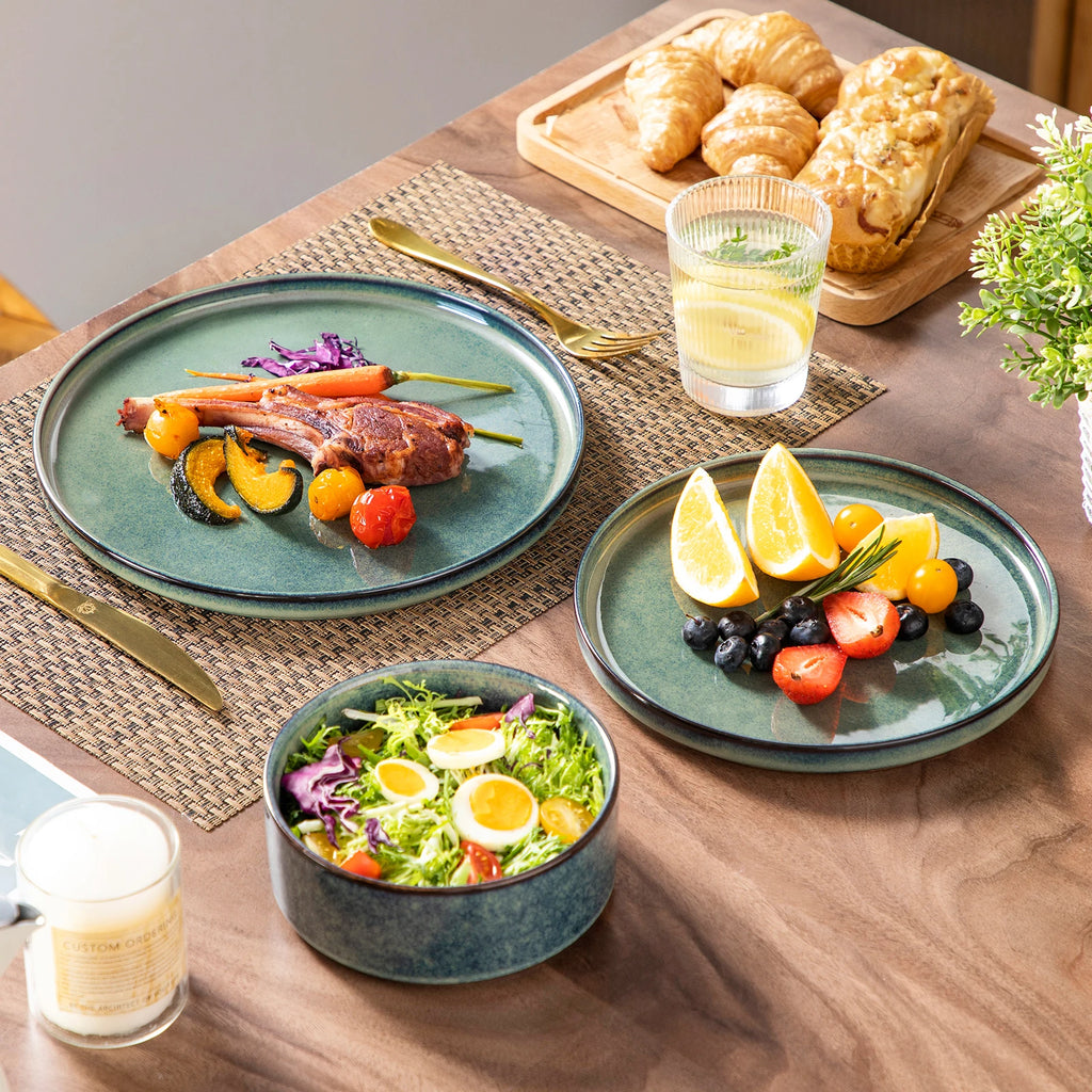 vancasso 12/24/36Piece Dinner set Black Green Reactive Glaze Vertical edge Dinnerware set with 4PCS Dinner Plate/ Dessert/Bowl