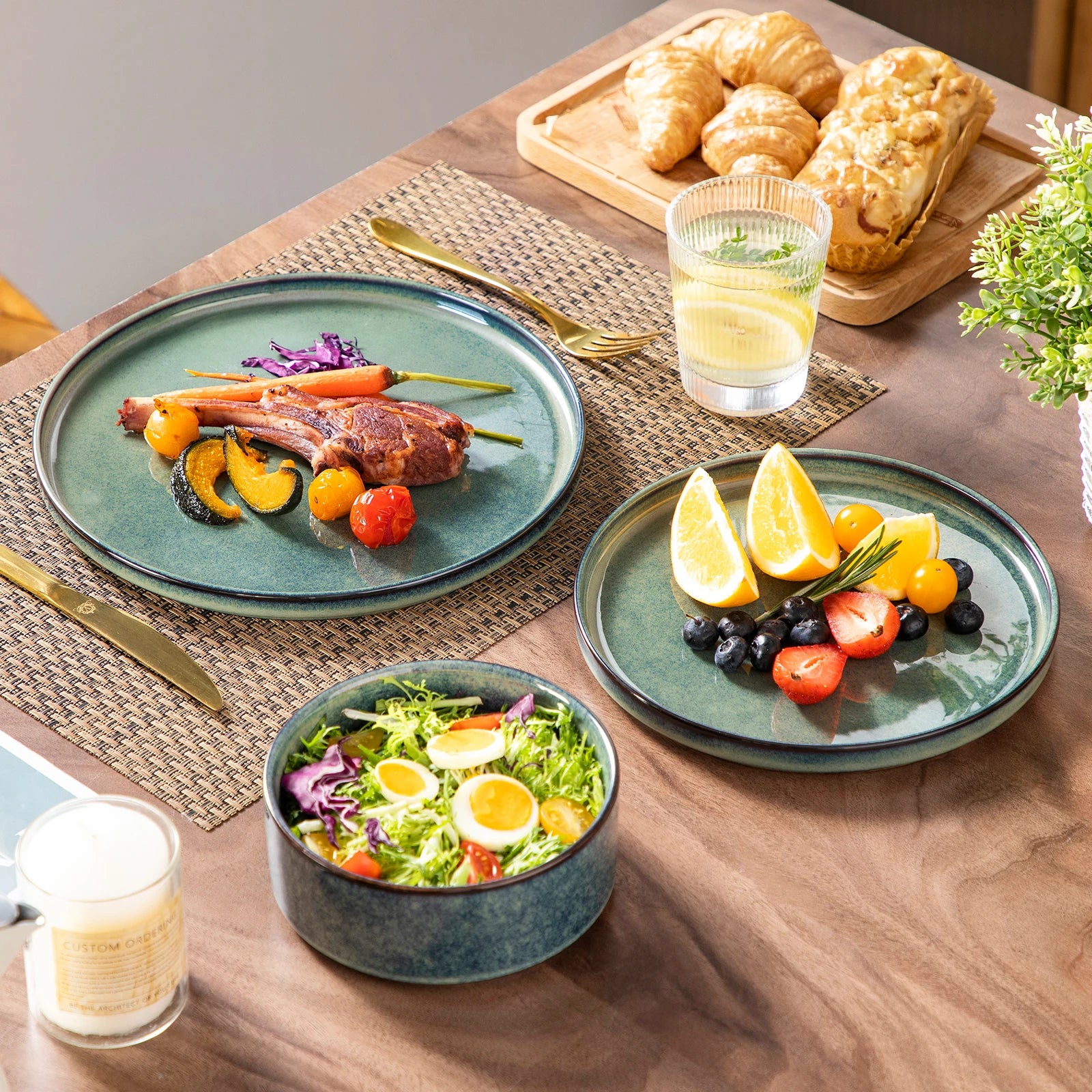 vancasso 12/24/36Piece Dinner set Black Green Reactive Glaze Vertical edge Dinnerware set with 4PCS Dinner Plate/ Dessert/Bowl