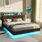 Vabches Floating Queen Bed Frame With Storage Headboard&LED Light Bed Frame with Charging Station Upholstered Platform Bed Frame