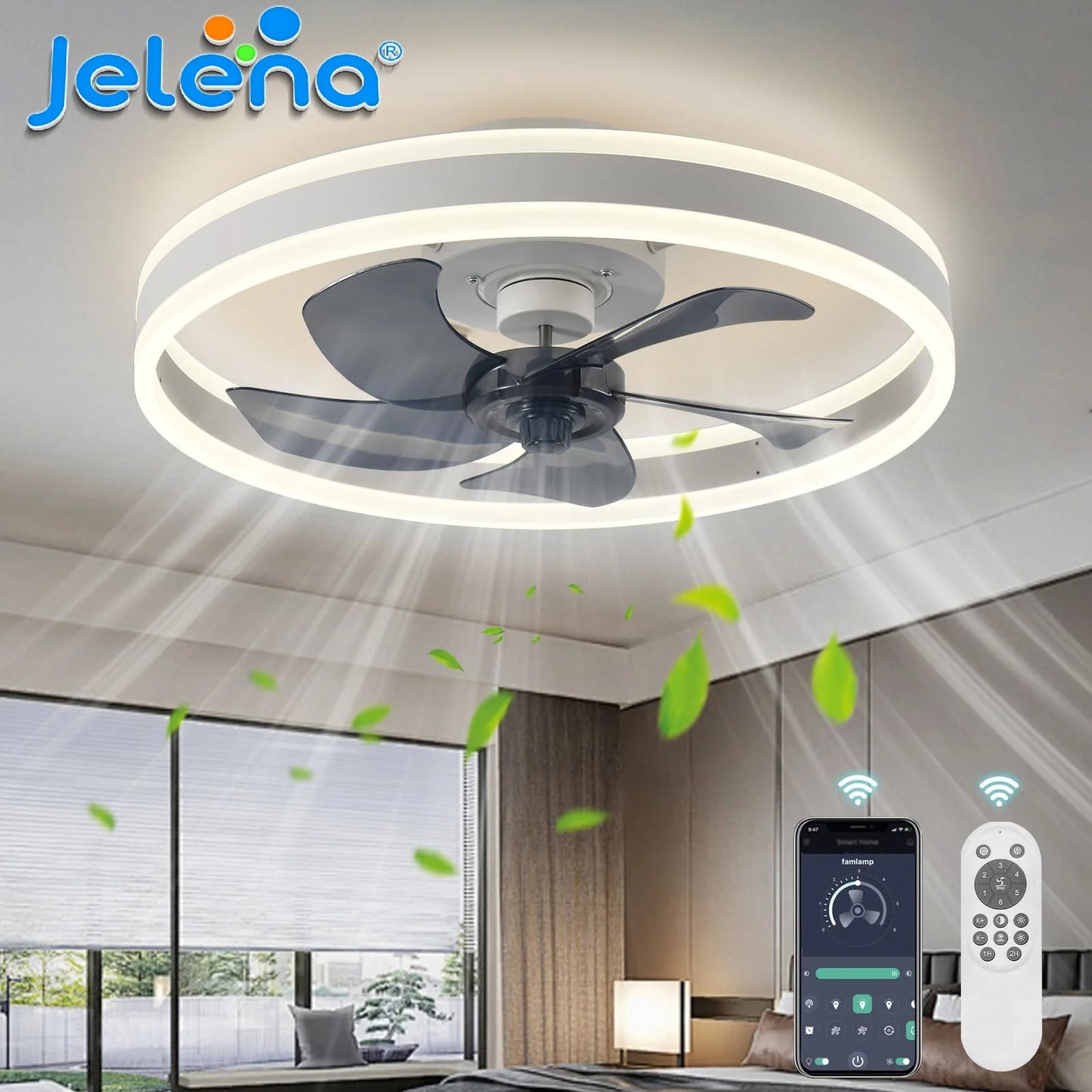 Jelena Silent Ceiling Fan with Remote Control and APP Dimming 6-speed Adjustment LED Fan Light Bedroom Living Room Decoration