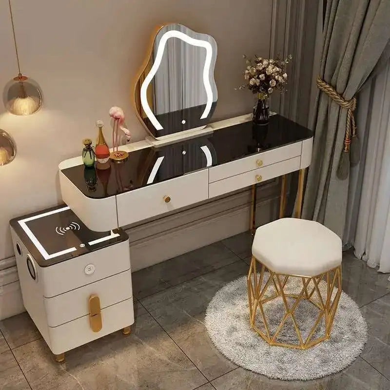 Luxury Glass Dressing Table with Smart Wireless Charging Bedroom Vanity Nightstand Makeup Table Drawers with Led Mirror Dresser