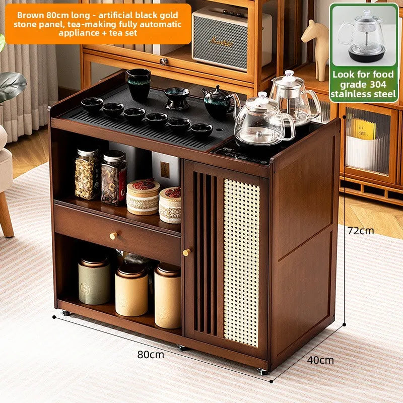 Mobile tea table Small tea table Kettle integrated tea cabinet Solid wood coffee table Tea cart Brewing tea table