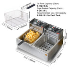 SucceBuy 12L 3000W Commercial Electric Deep Fryer w/Dual Tanks  Stainless Steel Countertop Fryer for Fried Chicken French Fries