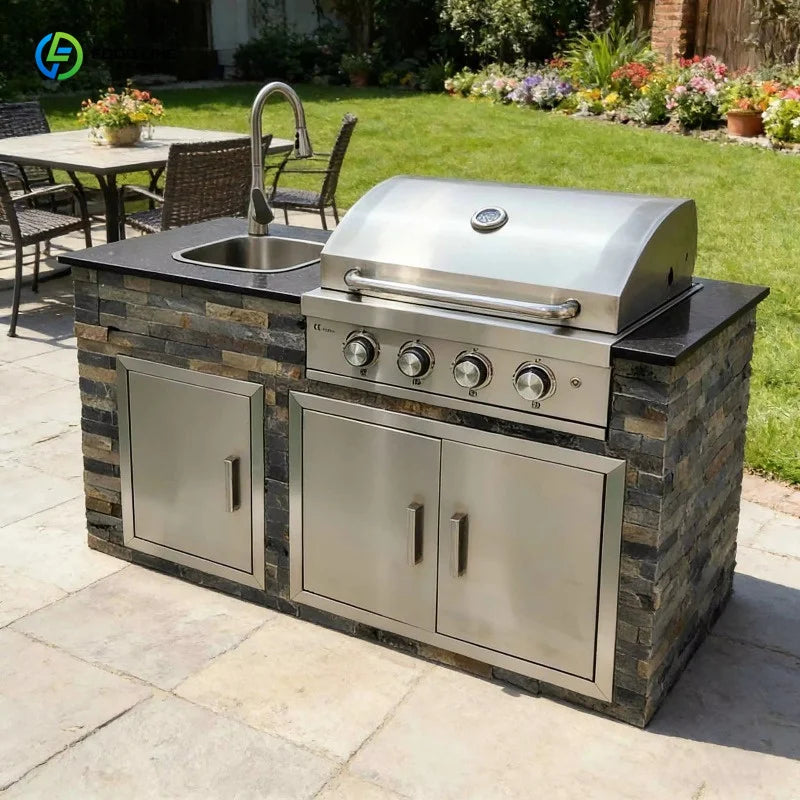 Custom Outdoor Garden Kitchen BBQ Station Cultural Stone Sink Countertop Built-in BBQ Grill For Home Use