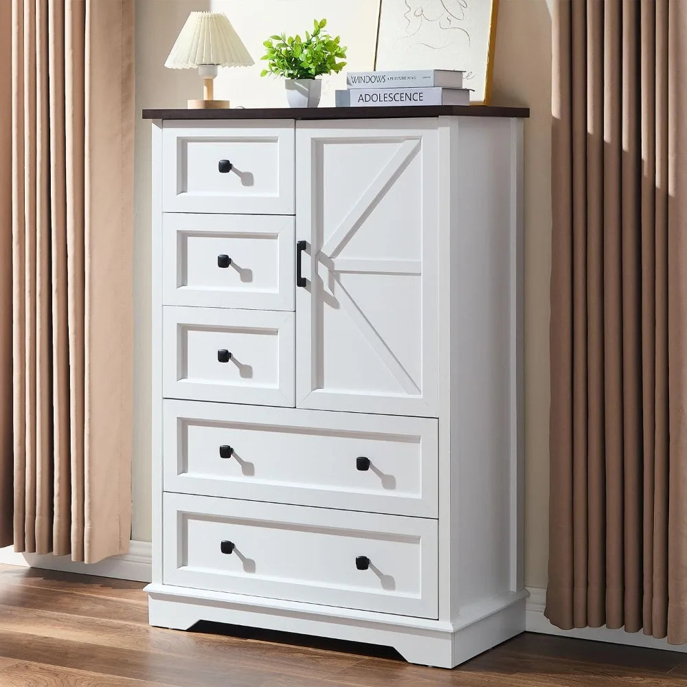 White Dresser for Bedroom, 5 Drawers Farmhouse Wood Dresser with Double Storage Cabinet, 48 Inches Tall Chest of Drawers for Be
