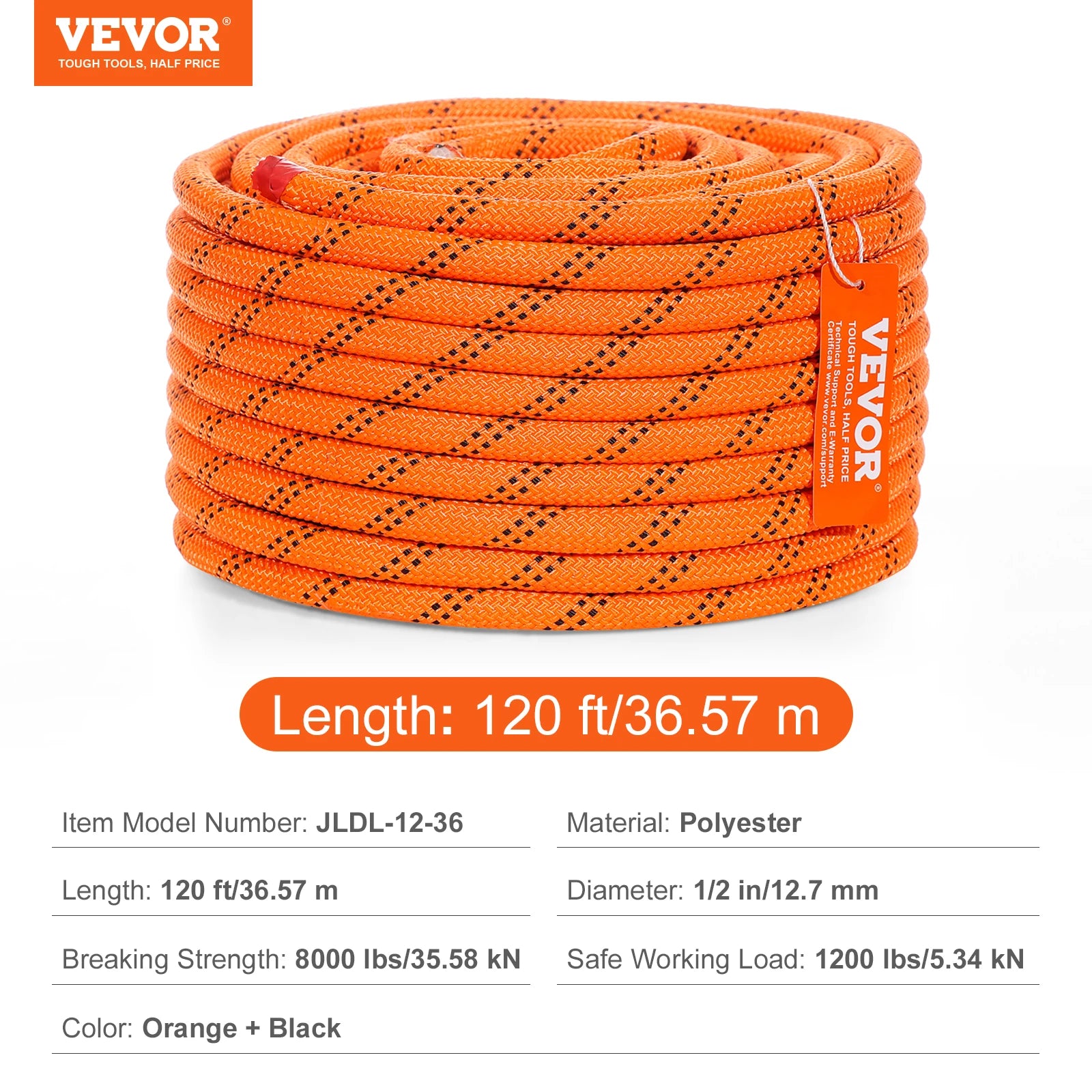 VEVOR 120ft Dual-Weave Polyester Cord 3/8 1/2 inch 48-Strand Multi-Use Rope for Arborist Activities Outdoor Adventures Versatile