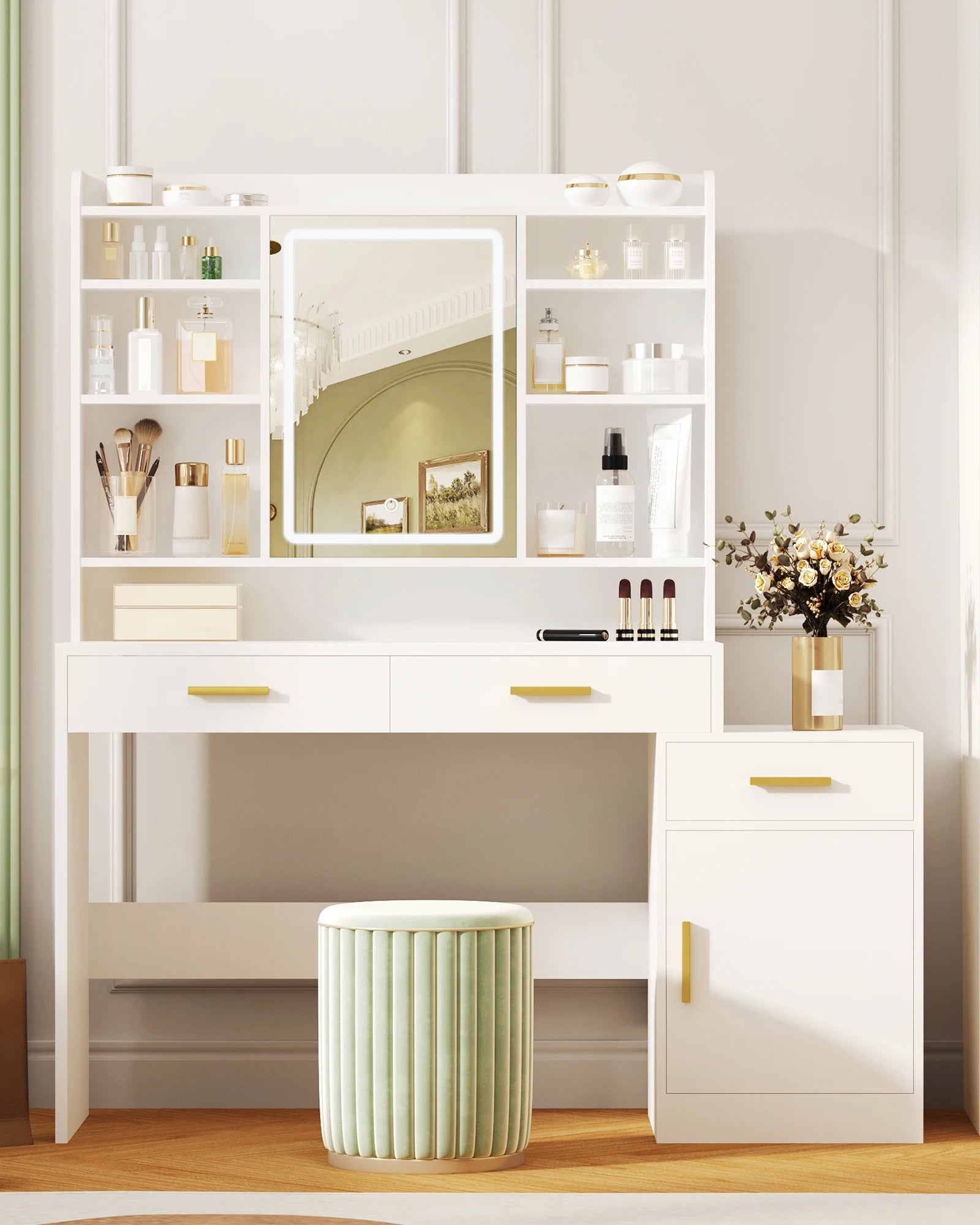 Dressing Table, Large Table Top with Mirror, 3 Drawers and 1 Cabinet, Open Multi-Level Shelves, for Bedroom, Wardrobe, White