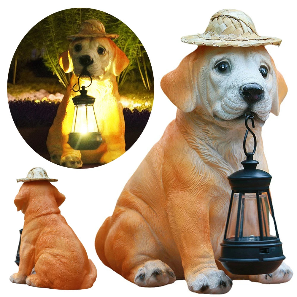 Resin Garden Dog Statues with Straw Hat and Solar LED Lantern Adorable Dog Figurines Puppy Decorations Dog Statue Outdoor Decor