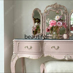 NEW y French retro pink dresser solid wood carving flower dressing table makeup stool glass combination
