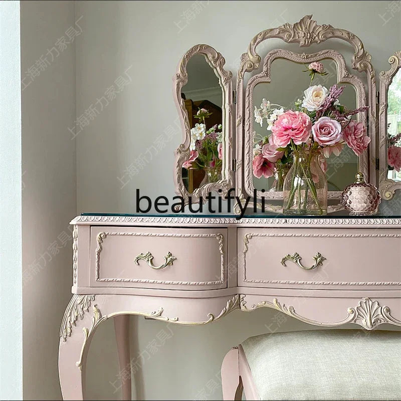 NEW y French retro pink dresser solid wood carving flower dressing table makeup stool glass combination