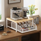 Metal and Wood Microwave Rack with Pull Out Drawer Multi Layer Countertop Kitchen Organizer for Coffee Maker Utensils and Tea