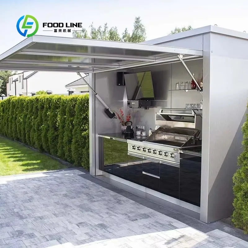 Customized Modern Portable Outdoor Kitchen Unit 8-Burner BBQ 58L Fridge Sink Acrylic Locking Swivel Casters Patio Party Catering