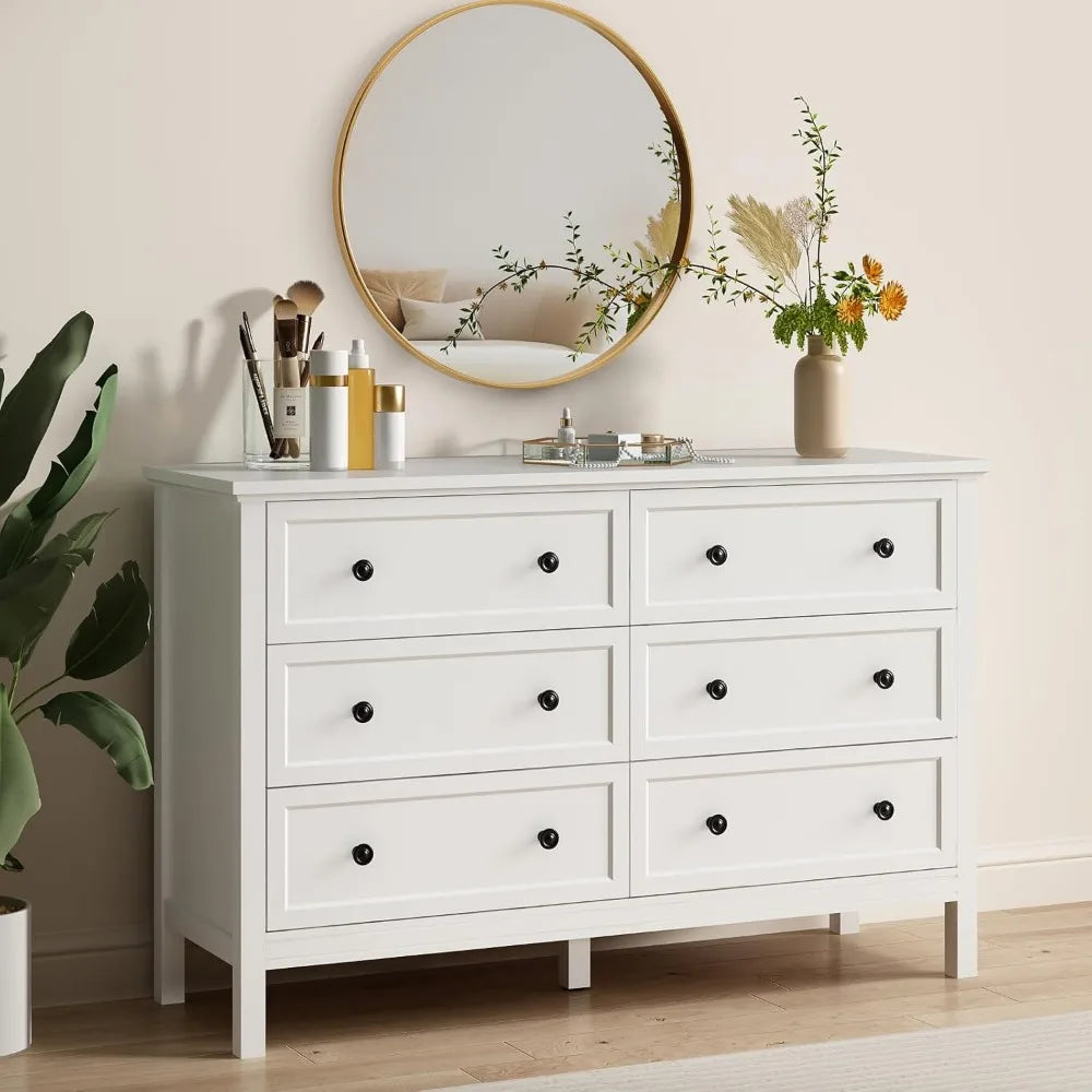 White Dresser for Bedroom, 6 Drawer Dresser with Wide Drawer and Metal Handles, Wood Dressers & Chests of Drawers for Hallway,