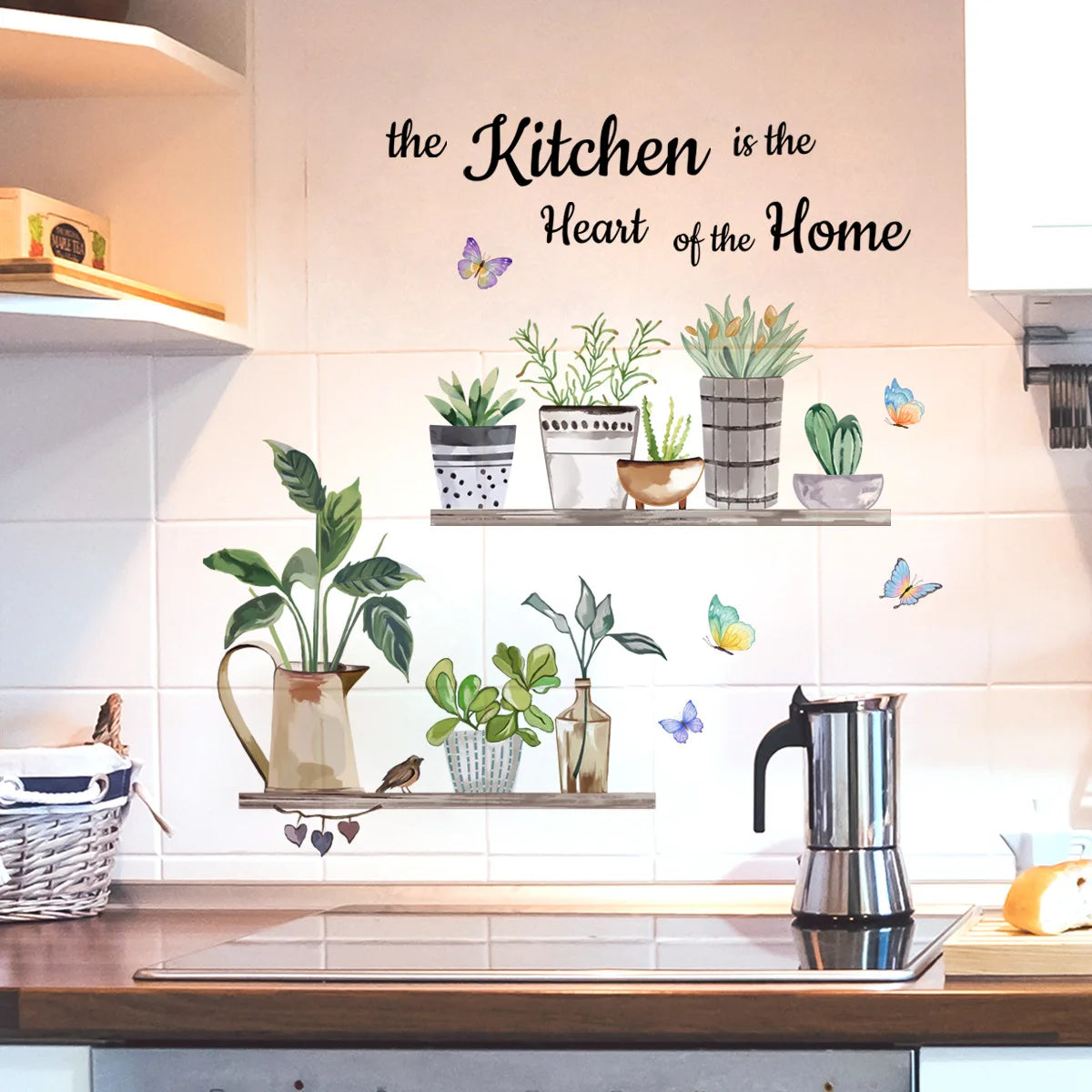 Kitchen Green Plants Cooking Art Butterfly Flower Kitchen Quotes Wall Stickers Art Home Decorations Wall Decals