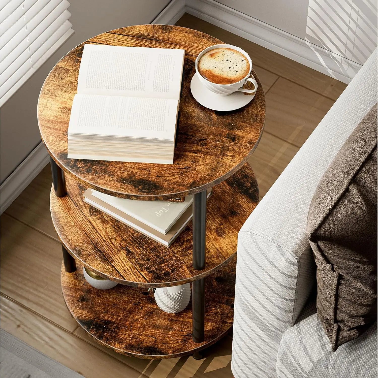 Small Round End Table - 3 Tier Design Accent Table, Narrow Side or Bedside Stand, Industrial Vintage Nightstand