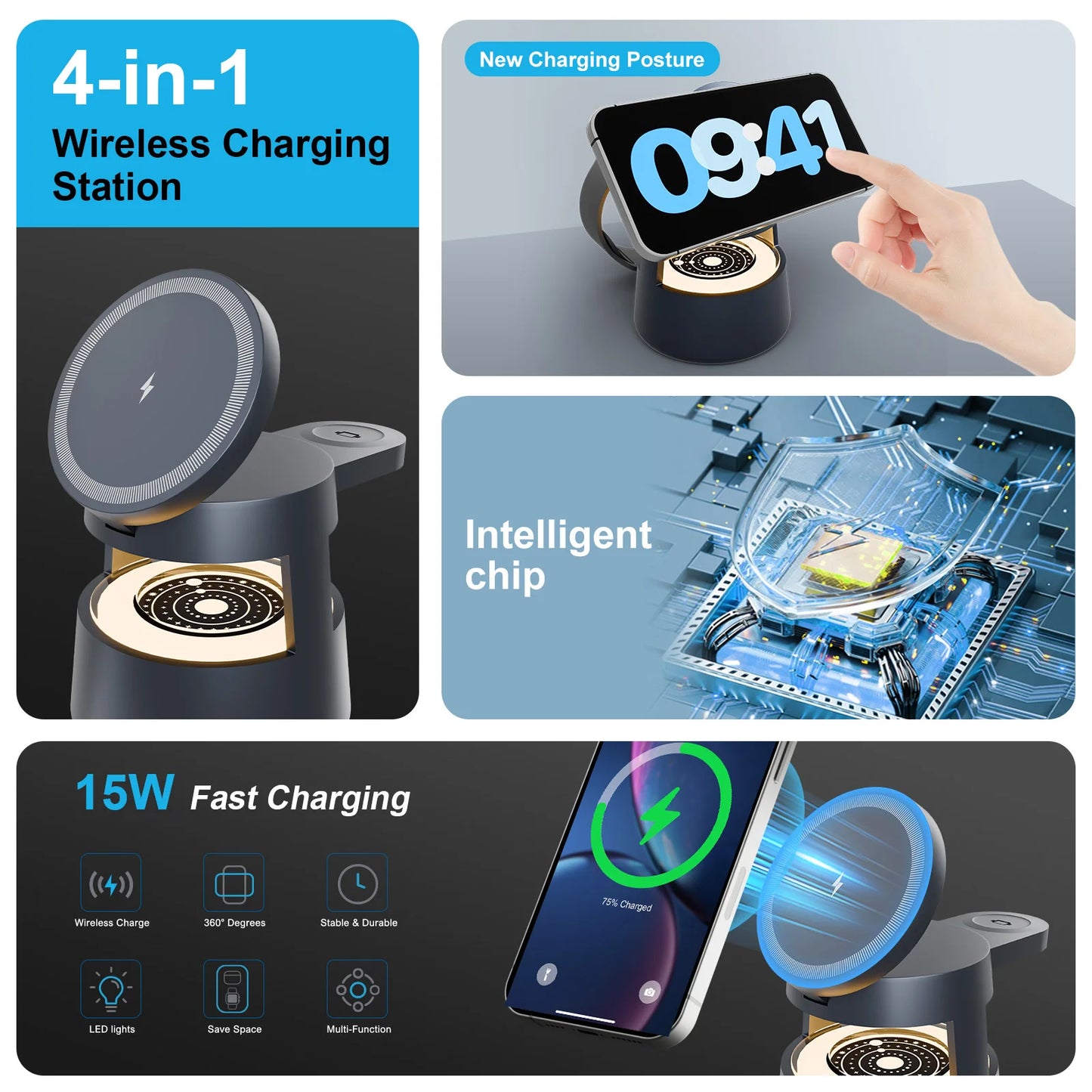 4-in-1 Magnetic Wireless Charging Station - 15W Fast Charger with Foldable Night Light for iPhone, Apple Watch & AirPods | AlluCanFind