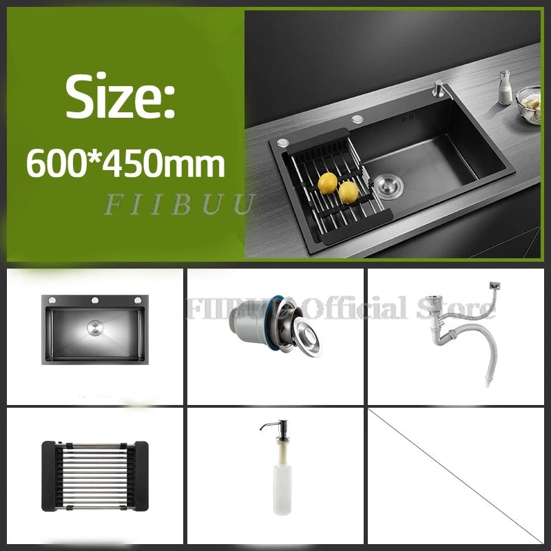 Black Nano Wash Basin Single Sink creative Stainless Steel Kitchen Sinks Drain Set Home Handmade Wash Basin Kitchen Accessories