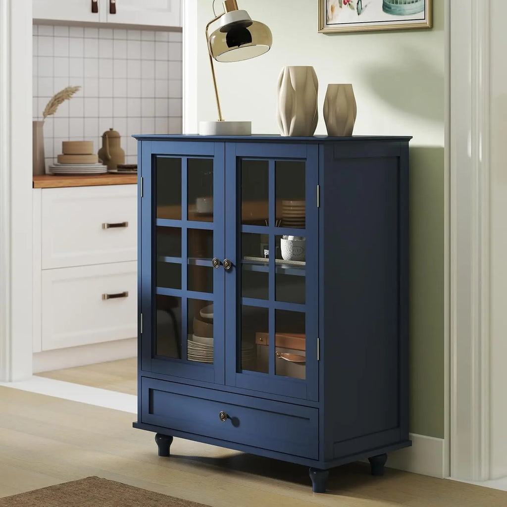 Buffet Cabinet with Glass Doors and Drawer, Modern Wood Storage Sideboard for Dining Room & Living Room, 28 Inch Accent Cabinet