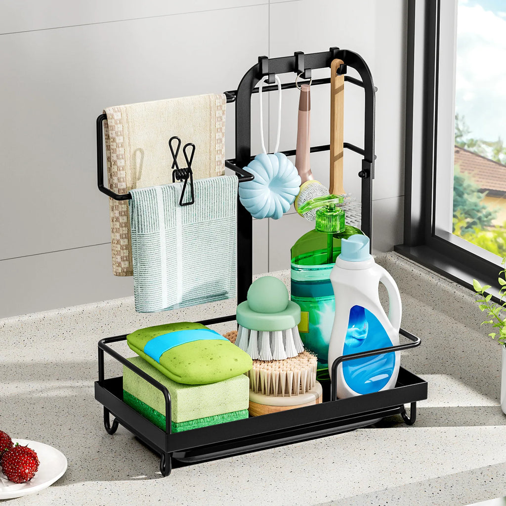 Kitchen Dish Rack With Drain Rack And Storage Shelf Countertop Sink Towel Holder Rod-Attached Dish Rack Storage Cages