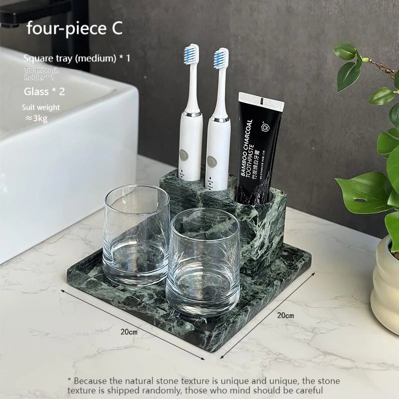Luxury Marble Bath Set: Shampoo Bottles, Tray & Canister Organizer, Natural Stone Accessories for Home & Hotel Bathroom Decor