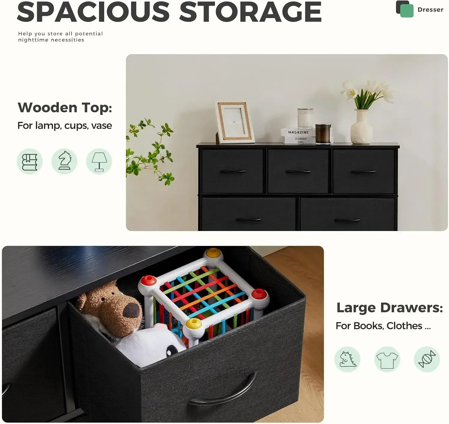 ANTONIA Dresser for Bedroom with 7 Drawers, Storage Organizer Units Furniture, Chest Tower TV Stand with Fabric Bins,Metal Frame