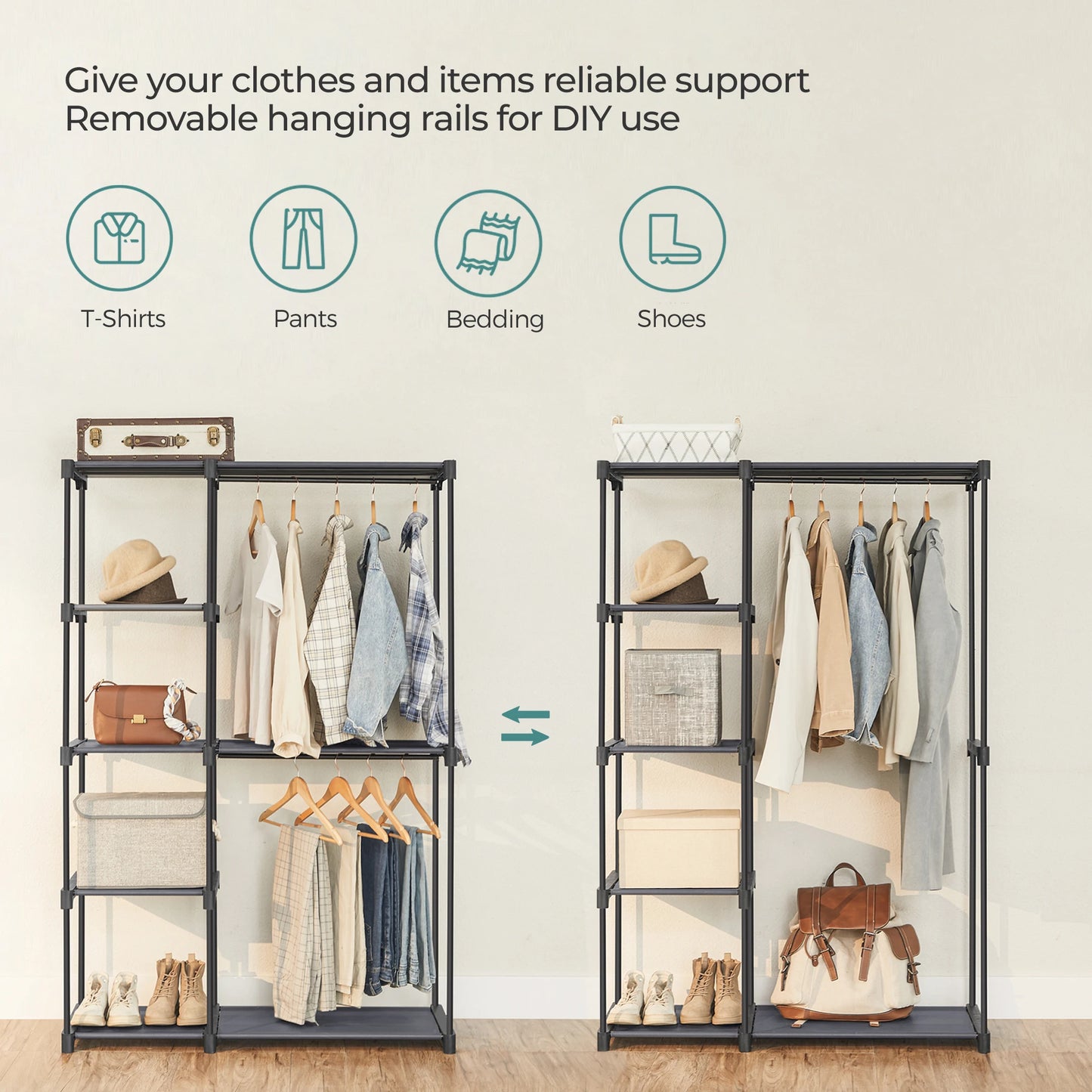 SONGMICS Portable Closet, Freestanding Closet Organizer, Clothes Rack with Shelves, Hanging Rods, Storage Organizer