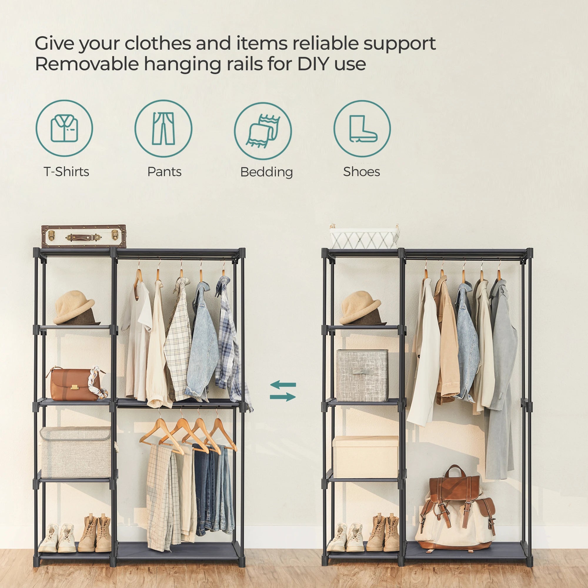 SONGMICS Portable Closet, Freestanding Closet Organizer, Clothes Rack with Shelves, Hanging Rods, Storage Organizer