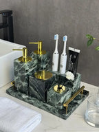 Luxury Marble Bath Set: Shampoo Bottles, Tray & Canister Organizer, Natural Stone Accessories for Home & Hotel Bathroom Decor