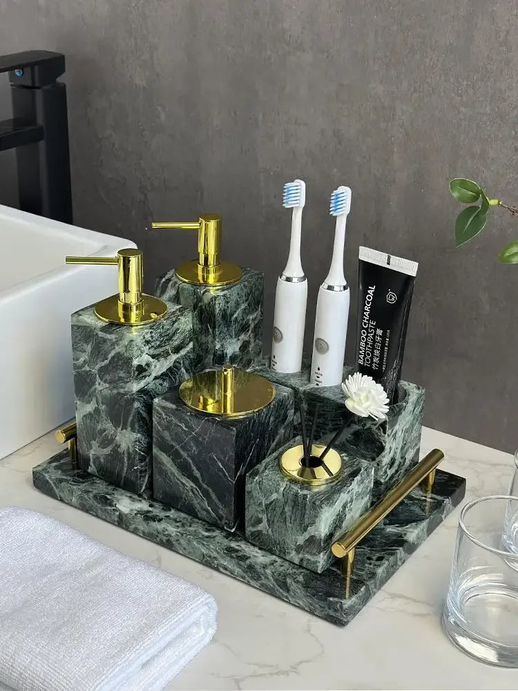 Luxury Marble Bath Set: Shampoo Bottles, Tray & Canister Organizer, Natural Stone Accessories for Home & Hotel Bathroom Decor