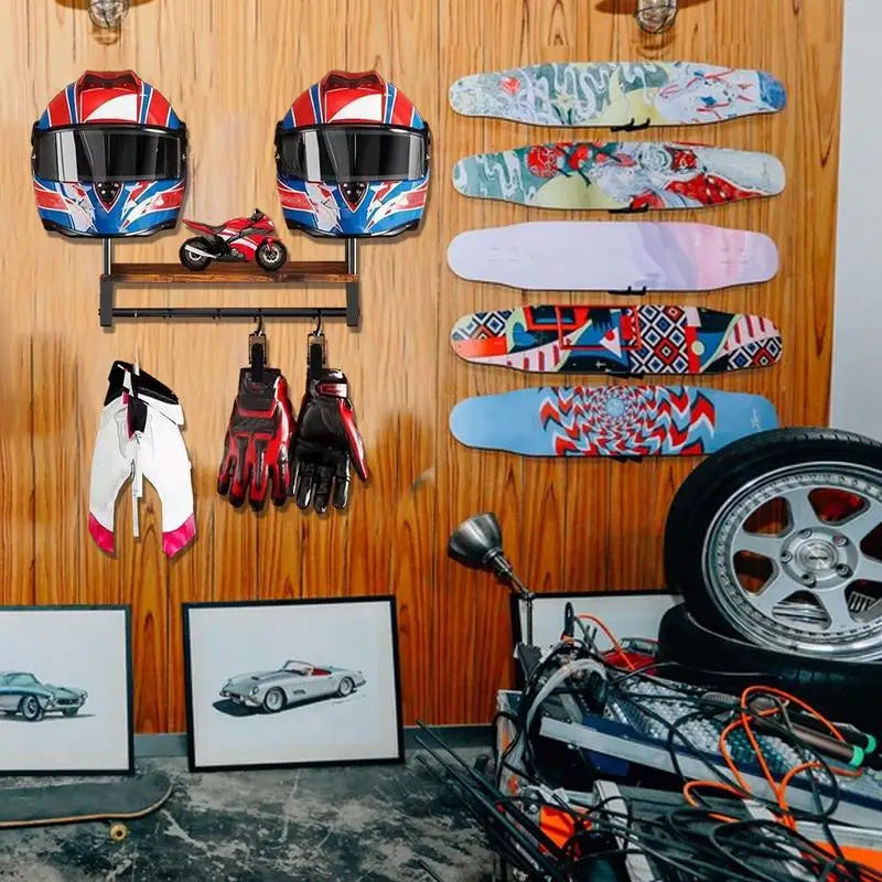 Motorcycle Hat Holder Wall Hanger Hat Rack Safety Hat Hanger Display Stand Hat Organizer With 4 Clips Wooden Storage Rack For
