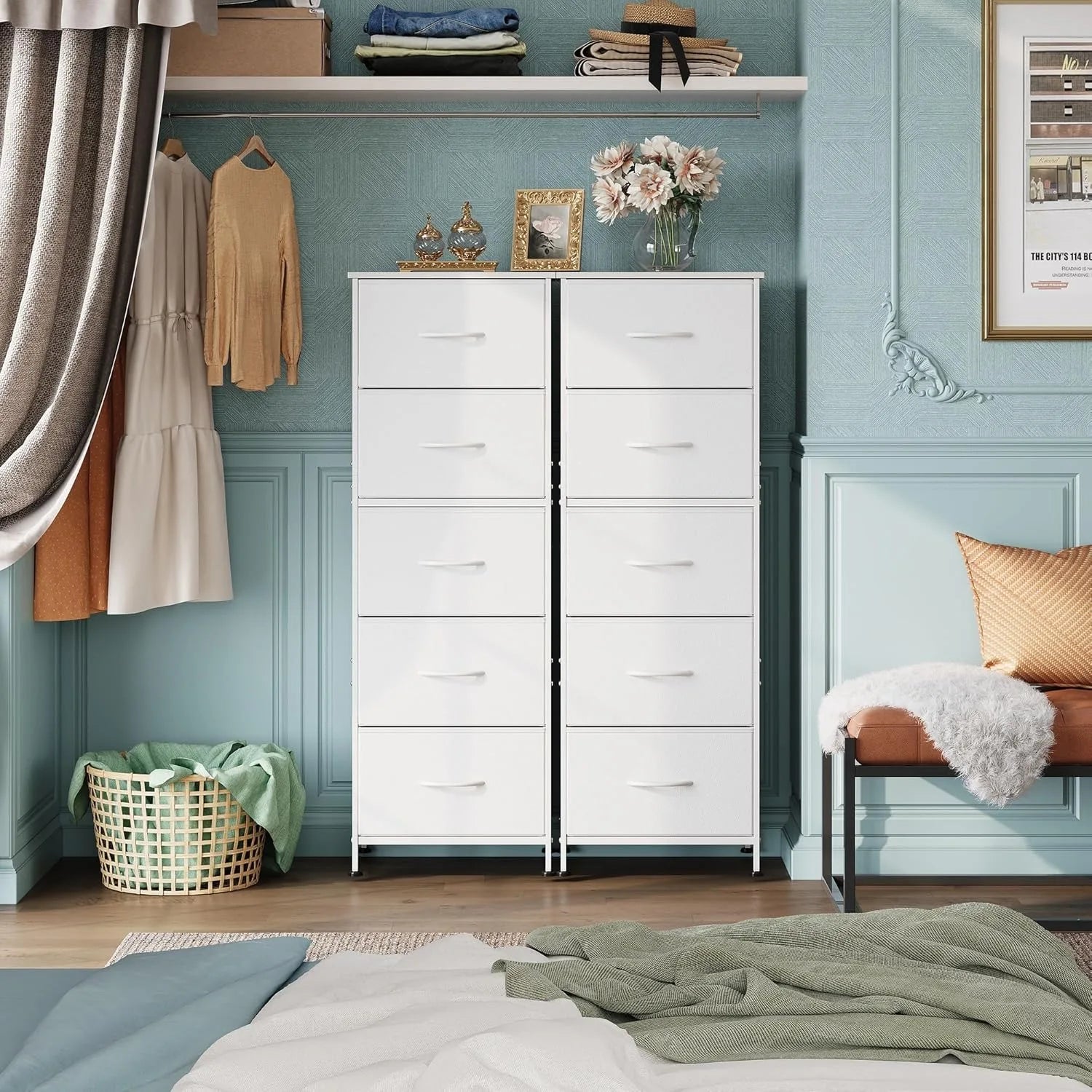 Fabric Dresser, 5-Drawer Tall Dresser for Bedroom, Storage Dresser Organizer with Fabric Bins, Wood Top, Sturdy Steel Frame