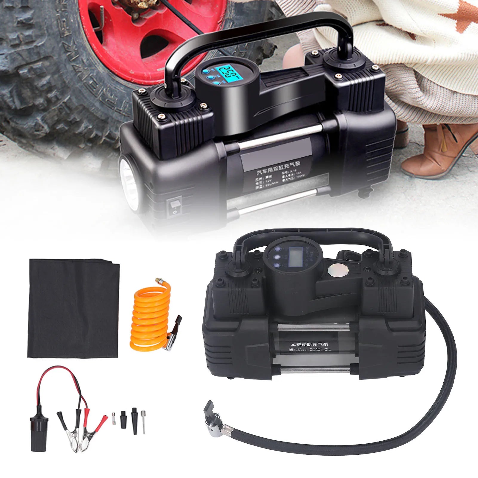New 12V Air Compressor Pump with LED Light Digital Display Meter 100PSI Cylinder Automobile Tire Inflator Automobile Air Pump