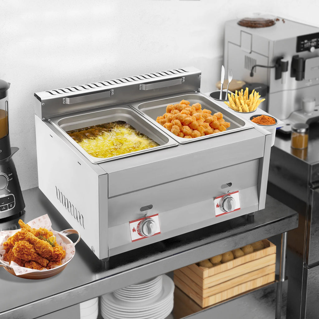 Commercial Gas Deep Fryer 12L Stainless Steel Dual Tank Gas Deep Fryer with 2 Baskets&Lid Countertop Fryer Frying Machine
