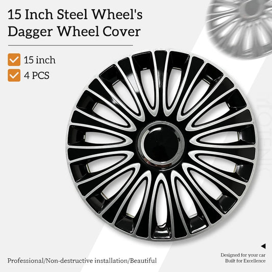 15 inch Dagger Style Hubcaps Black & Silver Wheel Covers for Cars Set of 4 Fits Honda Volkswagen, Chevy, Mazda,Dodge Hub Caps