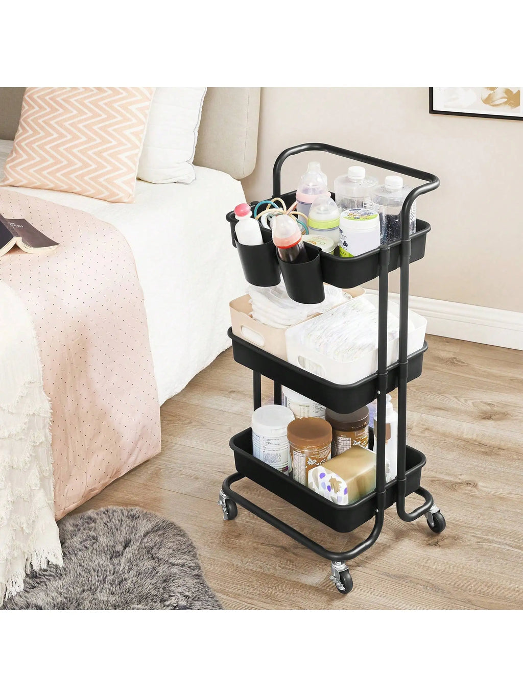SONGMICS Rolling Cart, 3-Tier Storage Cart, Storage Trolley with Handle 2 Small Organizers, Steel Frame, Plastic Baskets