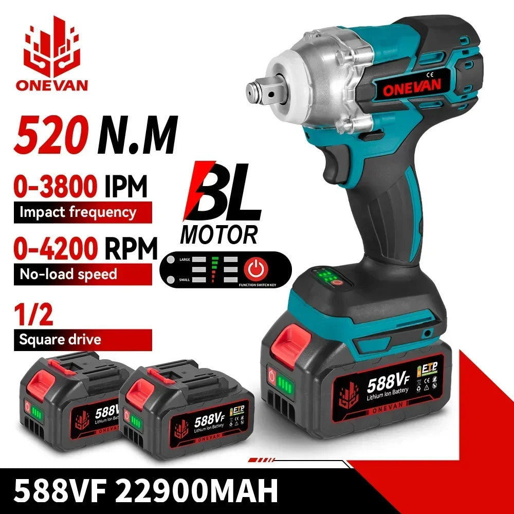 ONEVAN 520N.M Brushless Electric Impact Wrench 1/2 Inch Cordless Wrench Screwdriver Repair Power Tool For Makita 18V Battery Pin
